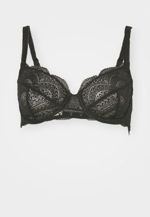 Czarny koronkowy stanik z falbaniastymi brzegami, skomplikowanymi kwiatowymi wzorami, regulowanymi ramiączkami oraz zapięciem na trzy haczyki z tyłu.