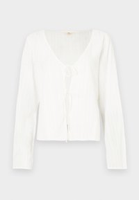 Λευκό μπλουζάκι με μακριά μανίκια που διαθέτει βαθύ V-λαιμόκοψη, λεπτομέρεια με δέσιμο μπροστά και υφασμένες ρίγες σε όλο το ύφασμα.