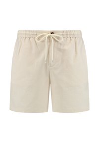 Beige swim shorts in lightweight fabric, featuring an elastic waistband with drawstring, front pocket, and a smooth finish.