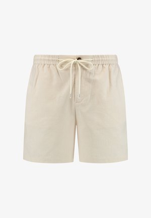 Shorts de bain beiges en tissu léger, dotés d'une taille élastique avec cordon de serrage, d'une poche avant et d'une finition lisse.