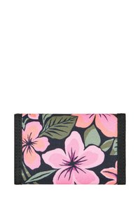 Portefeuille floral avec un fond en tissu noir, présentant des fleurs roses et oranges, des feuilles vertes, une forme rectangulaire et des bordures noires.