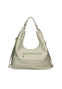Borsa hobo in ecopelle verde chiaro con ampia apertura, tasca frontale con zip e dettagli in metallo dorato. Superficie morbida e testurizzata.