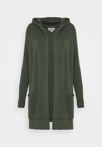 Olivově zelený pletený svetr s kapucí, otevřeným předním dílem, dlouhými rukávy a dvěma předními kapsami, s texturovaným vzorem.