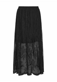 Sort blonde maxi-nederdel med elastisk talje, prydet med et blomsterdesign og en gennemsigtig nederste lag, der skaber en lagdelt tekstureffekt.