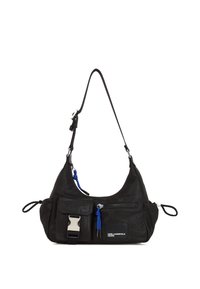 Black shoulder bag made of textured fabric, featuring a front zip pocket, adjustable strap, and blue accent pull tabs. Silver hardware details.