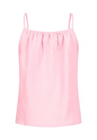 Top de tirantes fino en tono rosa claro, fabricado con tejido texturizado, presenta un corte holgado y detalles fruncidos en el escote.