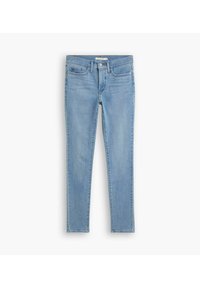 Jeans de mezclilla de color azul claro, diseño ajustado, estilo de cinco bolsillos, con cierre de botón y cremallera. Textura suave, con un desvanecimiento mínimo.