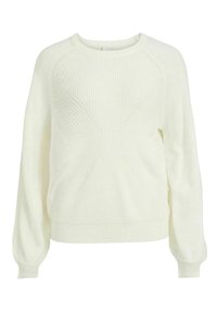 Cream pullover sweater with ribbed texture, round neckline, and long sleeves. Features a geometric pattern on the front and elastic cuffs.