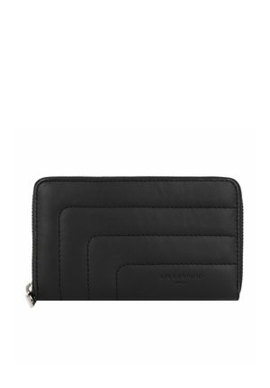 Black leather wallet with quilted design, zip closure, and logo detail. Rectangular shape with textured surface and subtle stitching.