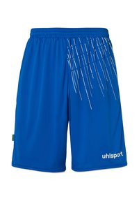 Shorts de sport bleus en tissu respirant, avec des lignes diagonales blanches comme accent de design et une taille élastique pour le confort.