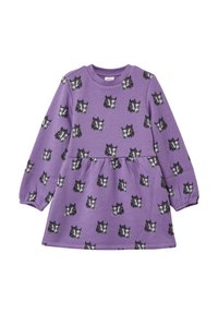Paarse langemouw jurk met een speels patroon van zwart-witte dierengezichten. Zacht materiaal met een gathered taille voor een uitlopende pasvorm.