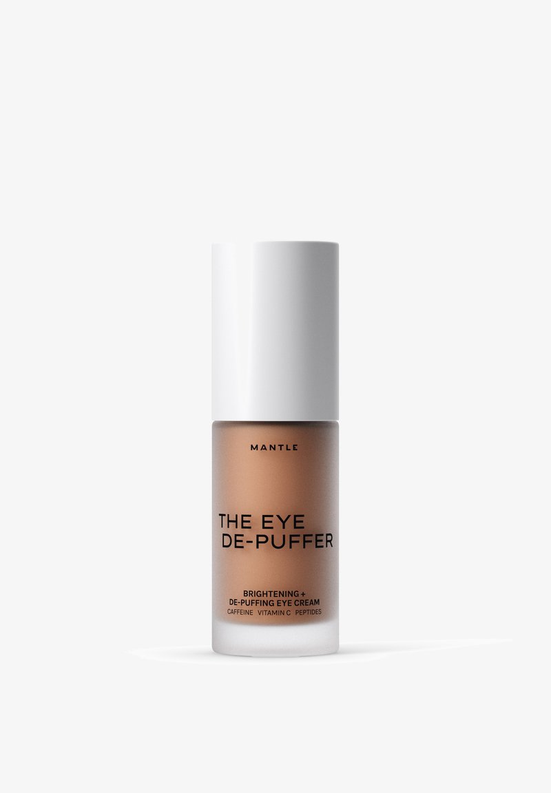 Flaske med Mantle-mærket oplysende og afpuffende øjencreme med koffein, vitamin C og peptider i frostet beholder med hvid låg.