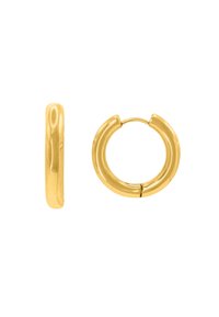 Boucles d'oreilles en or en forme d'anneau avec une surface lisse et polie ; forme arrondie ; dotées d'une fermeture à charnière sécurisée ; design léger adapté à un port quotidien.