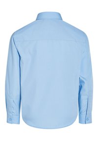 Chemise bleu clair à manches longues avec un col pointu, dotée de poignets boutonnés et d'une texture lisse. La vue arrière montre une couture de pièce de dos.