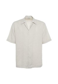 Lichtgrijze linnen korte mouw shirt met een kraag, knoopsluiting en een ontspannen pasvorm, met een subtiele textuur en geen zichtbare patronen.