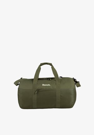 Olive green duffel bag made of durable fabric, featuring a smooth texture, dual handles, adjustable shoulder strap, and zippered pocket.