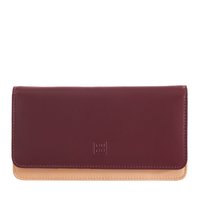 Burgundy and tan leather wallet with a smooth finish, rectangular shape, and embossed logo on the front. Features a snap closure.