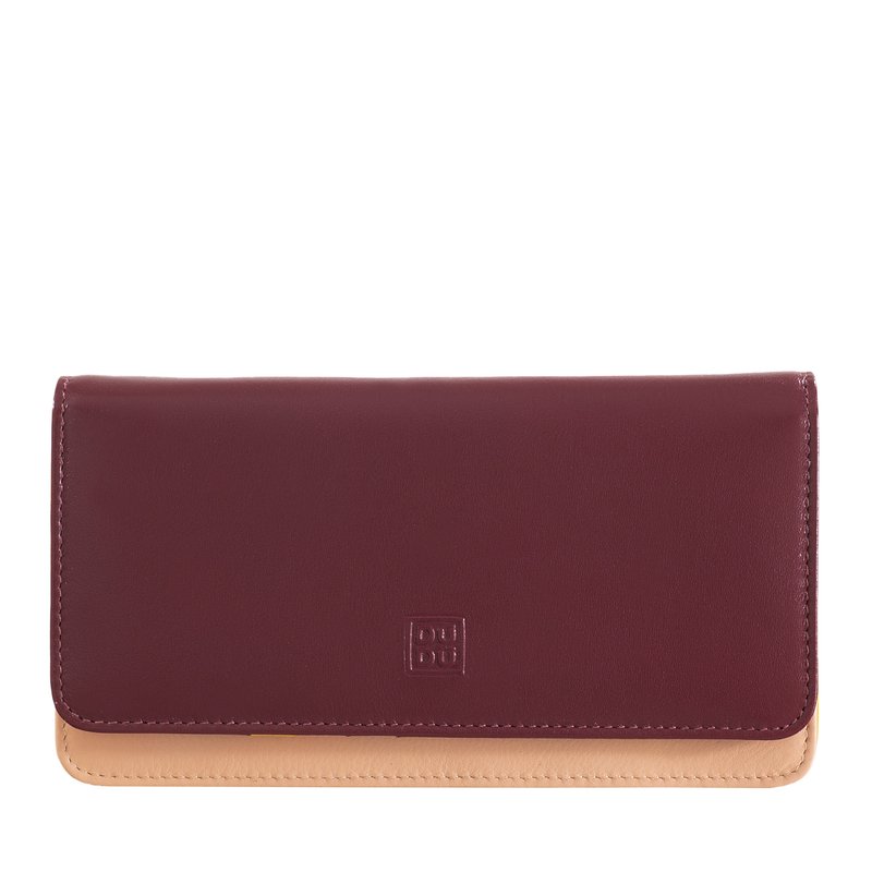 Burgundy and tan leather wallet with a smooth finish, rectangular shape, and embossed logo on the front. Features a snap closure.