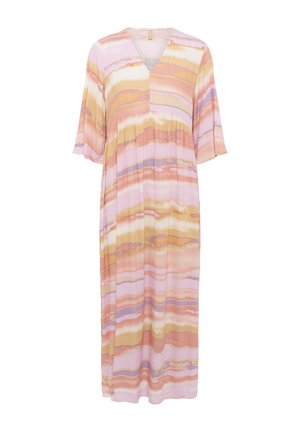 Tkané šaty s výstrihom do V, krátkymi rukávmi a voľným strihom. Obsahujú horizontálne pruhy v ružových, broskyňových, jantárových a levandulových odtieňoch.