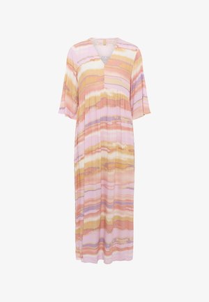 Tkané šaty s výstrihom do V, krátkymi rukávmi a voľným strihom. Obsahujú horizontálne pruhy v ružových, broskyňových, jantárových a levandulových odtieňoch.