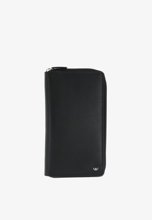 Portefeuille zippé en cuir noir avec une fermeture éclair argentée et un petit logo argenté en bas à droite sur fond blanc.