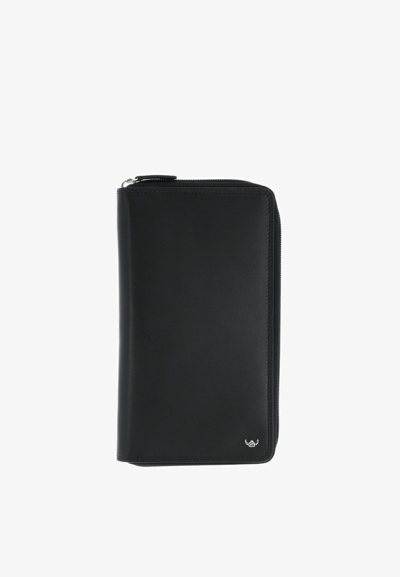 Portefeuille zippé en cuir noir avec une fermeture éclair argentée et un petit logo argenté en bas à droite sur fond blanc.
