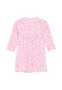 Helles Rosa Langarmkleid mit gerafftem Bund, verziert mit kleinen dunkelrosa Blumenmustern und gewellten Ärmelsäumen.