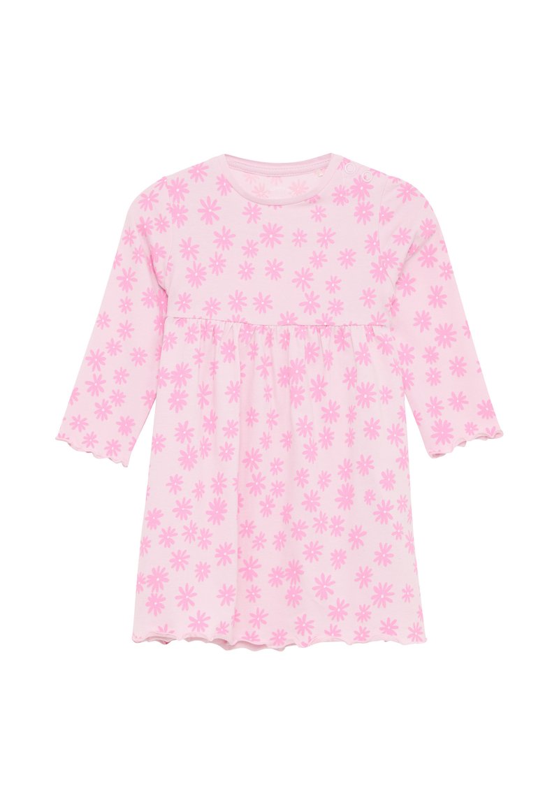 Helles Rosa Langarmkleid mit gerafftem Bund, verziert mit kleinen dunkelrosa Blumenmustern und gewellten Ärmelsäumen.