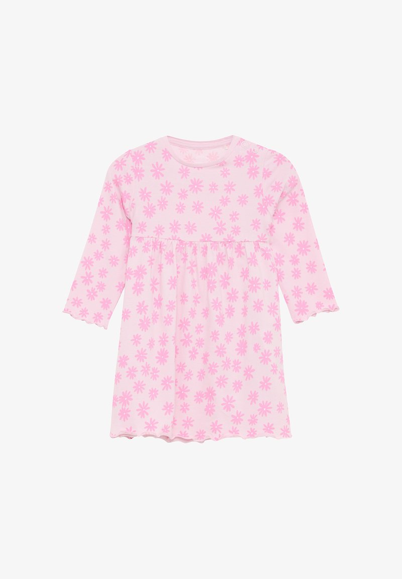 Helles Rosa Langarmkleid mit gerafftem Bund, verziert mit kleinen dunkelrosa Blumenmustern und gewellten Ärmelsäumen.
