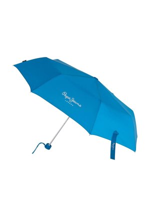 Paraguas compacto plegable azul con eje metálico y correa de muñeca, con el logo "Pepe Jeans London" en la cubierta y la correa.