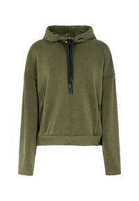 Felpa verde oliva con colletto a coulisse, maniche lunghe e polsini a coste. Presenta tasche laterali e una vestibilità rilassata. Tessuto morbido e strutturato.