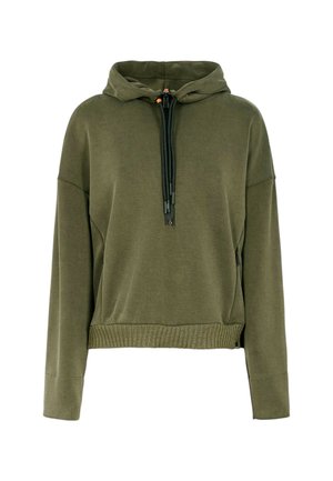 Felpa verde oliva con colletto a coulisse, maniche lunghe e polsini a coste. Presenta tasche laterali e una vestibilità rilassata. Tessuto morbido e strutturato.