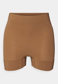 Bruine naadloze shorts met een hoge tailleband, een gladde textuur en een nauwsluitend ontwerp met korte benen en zonder zichtbare naden.
