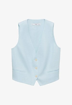 Light blue vest made of linen, featuring a V-neck, front buttons, and two side pockets. No sleeves, smooth texture, minimalistic design.