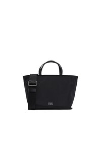 Melnā auduma soma ar izturīgu materiālu, ar plakaniem rokturiem, noņemamu siksnu un priekšpusē esošu logotipa detaļu. Vienkāršs, taisnstūra dizains.