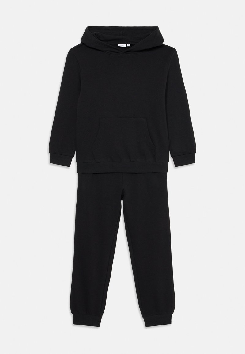 Black children's two-piece set with hooded long-sleeve sweatshirt featuring front pocket and matching elastic cuff sweatpants.