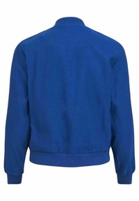Giubbotto bomber blu con una texture liscia, colletto e polsini a coste, e orlo a banda. Nessun logo visibile o elementi decorativi.