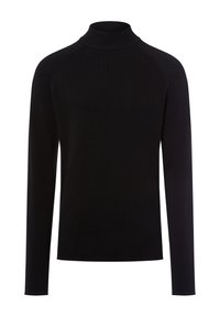 Schwarzer Langarm-Turtleneck-Pullover mit gerippter Struktur und enganliegendem Design. Verfügt über einen hohen Kragen und nahtlose Raglanärmel.
