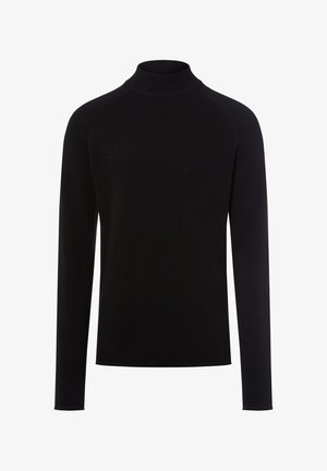 Schwarzer Langarm-Turtleneck-Pullover mit gerippter Struktur und enganliegendem Design. Verfügt über einen hohen Kragen und nahtlose Raglanärmel.