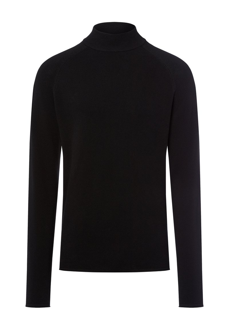 Schwarzer Langarm-Turtleneck-Pullover mit gerippter Struktur und enganliegendem Design. Verfügt über einen hohen Kragen und nahtlose Raglanärmel.