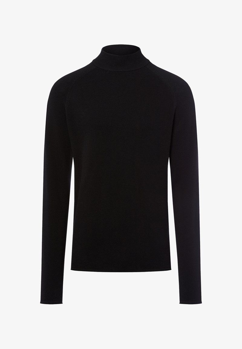 Czarny sweter z długim rękawem i golfem, o prążkowanej strukturze i dopasowanym kroju. Posiada wysoki kołnierz oraz bezszwowe rękawy raglanowe.