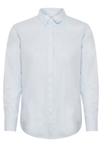 Light blue long-sleeve shirt made from smooth fabric, featuring a pointed collar and button closures down the front with cuffed sleeves.