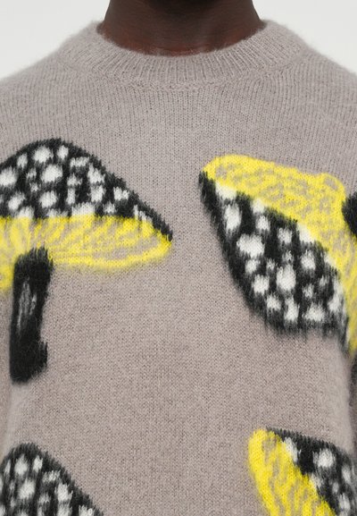 Prim-plan al unei pulovere bej din tricot, cu mari modele de ciuperci negre, albe și galbene pe piept.