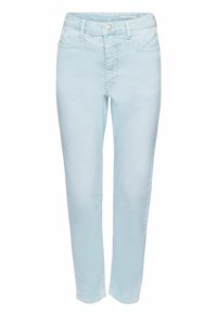 Jean skinny bleu clair taille haute avec fermeture devant par bouton et zip, design cinq poches et passants pour ceinture.
