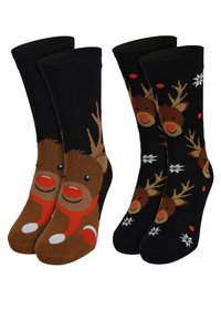 Due paia di calzini di cotone: una confezione presenta un design di renna marrone con accenti rossi, l'altra ha uno sfondo nero con renne e fiocchi di neve.