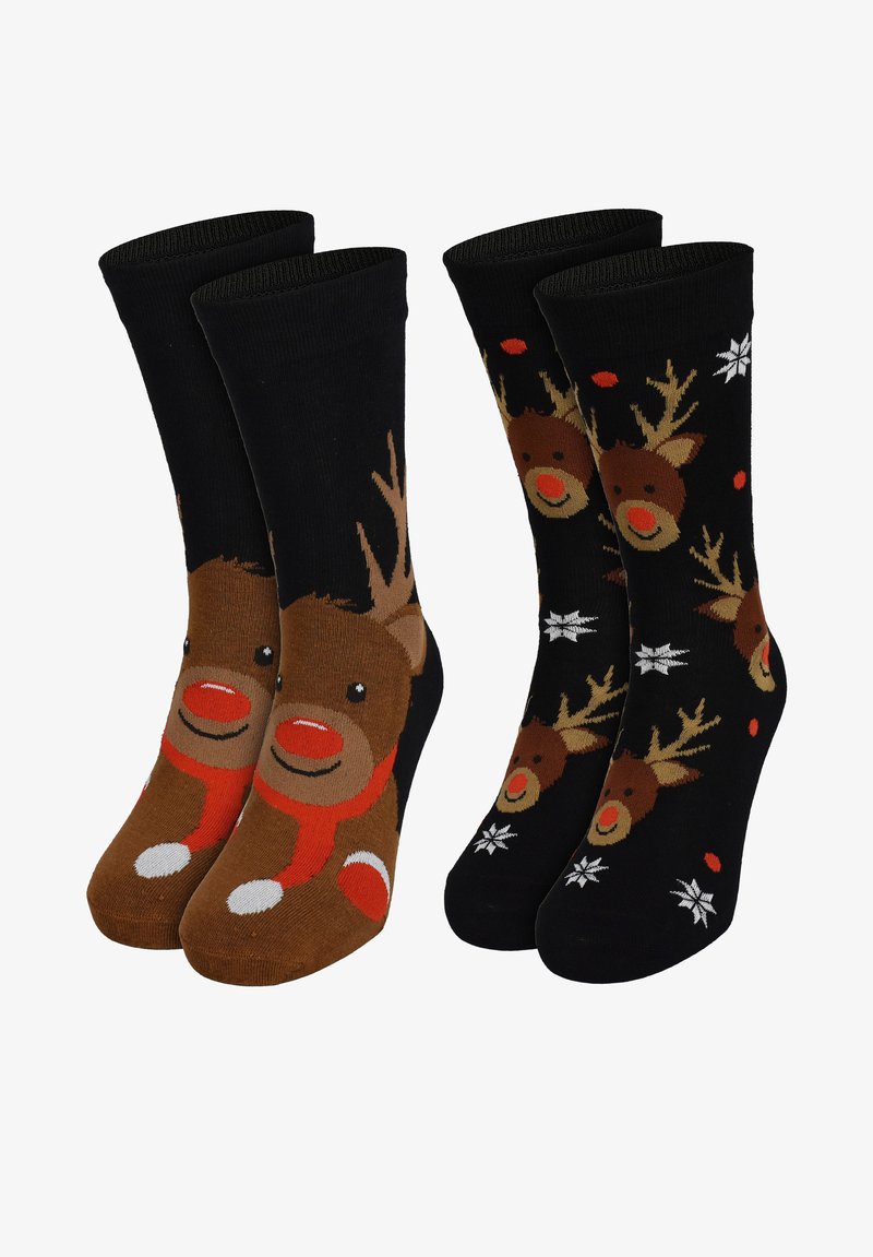 Due paia di calzini di cotone: una confezione presenta un design di renna marrone con accenti rossi, l'altra ha uno sfondo nero con renne e fiocchi di neve.