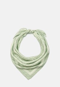 Sciarpa di seta verde chiaro con un sottile motivo circolare, annodata e disposta piatta su uno sfondo bianco.