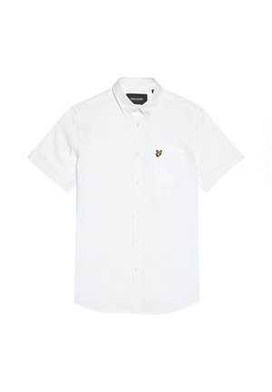 Witte korte mouwen blouse met knopen, kraag en borstzak, voorzien van een klein geel vogel-logo op de zak.