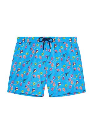 Blaue Badeshorts mit bunten Kite-Motiven und einem dunkelblauen Kordelzug am elastischen Bund.