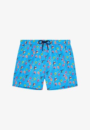 Blaue Badeshorts mit bunten Kite-Motiven und einem dunkelblauen Kordelzug am elastischen Bund.